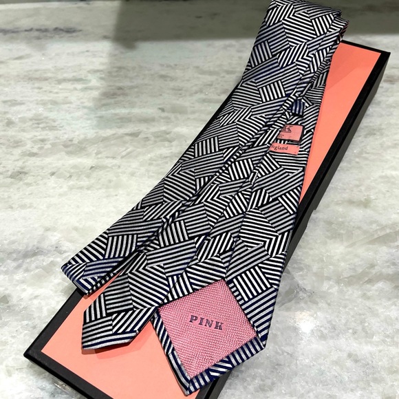 🔥ART DECO🔥✨💯AUTH LVMH THOMAS PINK STRIKING NAVY STACK GEOMETRIC MOTIF TIE - Picture 10 of 16